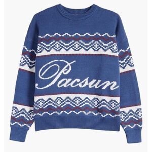 Pacsun Pullover Sweater Men Blue Fair Isle Cotton Acrylic Blend Spellout NEW M‎